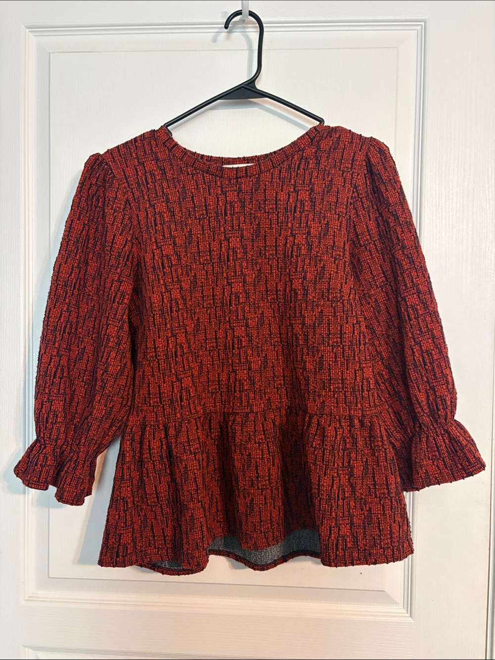 Ro & De Red Textured Peplum Blouse with Ruffle Cuffs